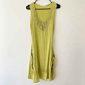 RARE Y2K Fairy Cottagecore Boho Linen Dress Green Beaded Crochet Italy M